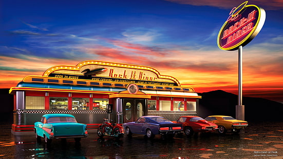 Retro Diner ที่ Dusk, Transportation, วอลล์เปเปอร์ HD HD wallpaper
