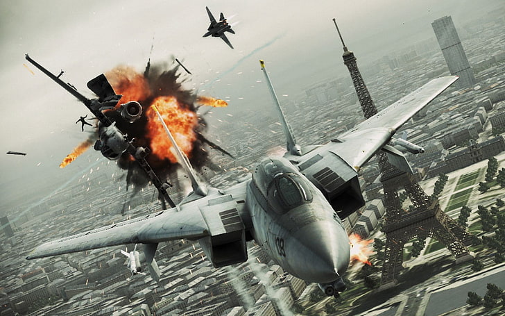 ace, aircraft, airplane, battle, city, combat, eiffel, explosion, fighter, fire, france, game, jet, military, paris, plane, tower, HD wallpaper