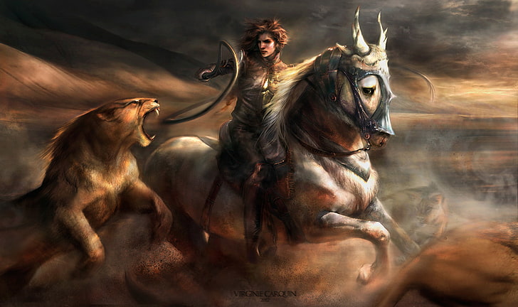 женщина верхом на белом коне во время боя на льве живопись, кошка, девушка, движение, лошадь, пыль, лев, арт, битва, кнут, дикий, HD обои