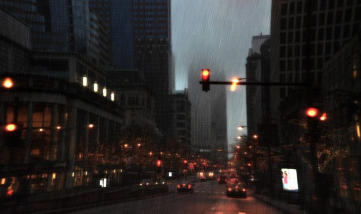 schwarze und rote Ampel, Regen, Stadtbild, Auto, Lichter, Gebäude, Geschäfte, Anzeigen, Verkehr, HD-Hintergrundbild