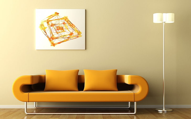 orange padded sofa, sofa, paintings, lamps, abstraction, parquet, HD wallpaper