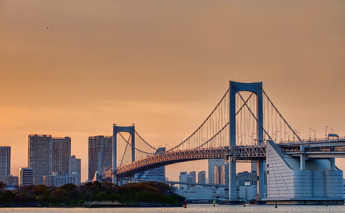 Odaiba Rainbow Bridge, Asia, Giappone, Sunset, Water, Bridge, Tokyo, Odaiba, photomatix, nikond700, rainbowbridge, hdri, tokyobay, Sfondo HD HD wallpaper