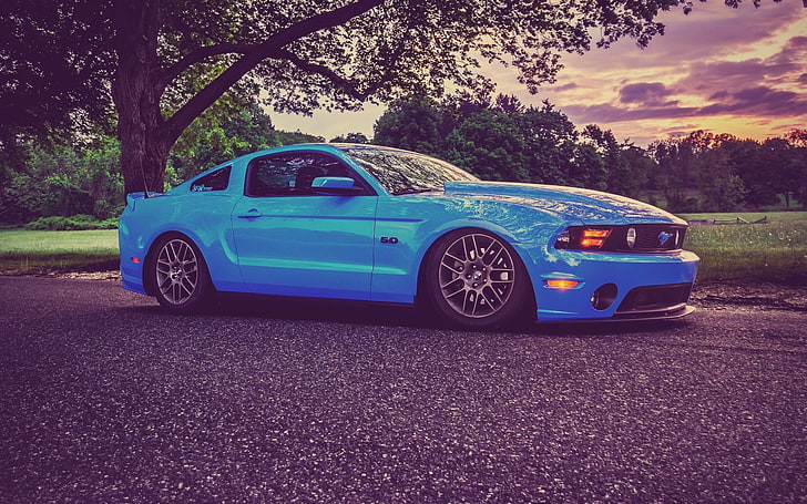 blue Ford Mustang GT coupe, Ford Mustang, muscle cars, lowrider, tuning, blue cars, vehicle, Ford, HD wallpaper
