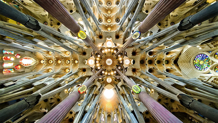 architecture, cathedral, Sagrada Familia, Barcelona, Spain, arch, rooftops, worm's eye view, pillar, mosaic, window, interior, symmetry, HD wallpaper