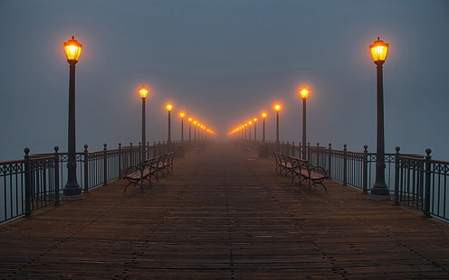 dock, street light, bench, mist, pier, lantern, lights, HD wallpaper HD wallpaper