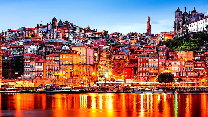 dawn, tourist attraction, charming, picturesque, amazing, skyline, sky, beautiful, reflection, town, douro river, morning, river, stunning, city lights, cityscape, europe, portugal, porto, HD wallpaper