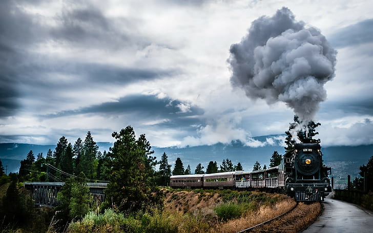 natur landschaft zug maschine rauch bäume wolken brücke eisenbahn berg dampflokomotive, HD-Hintergrundbild