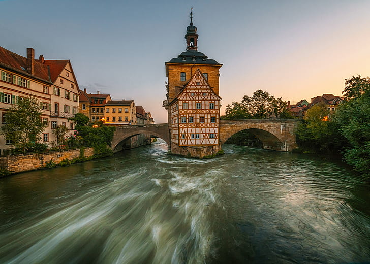 puente, río, edificio, Alemania, Baviera, paseo marítimo, Bamberg, Baviera, el río Regnitz, antiguo ayuntamiento, río Regnitz, Fondo de pantalla HD
