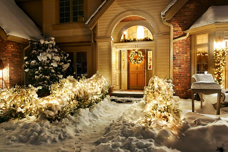 зима, снег, рождество, огни, дом, HD обои
