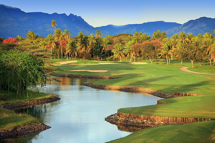 Lapangan Golf Fiji, pemandangan, pulau, eksotis, subur, tropis, pulau-pulau, pegunungan, lapangan, hijau, Pasifik selatan, fiji, tenteram, polinesia, Wallpaper HD