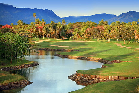 Campo da golf Figi, vista, isola, esotico, lussureggiante, tropicale, isole, montagne, corso, verde, sud-pacifico, figi, sereno, polinesia, Sfondo HD HD wallpaper