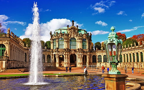 Дрезденски дворец Цвингер и фонтан в Саксония Германия Hd Wallpaper за работен плот 2560 × 1600, HD тапет HD wallpaper