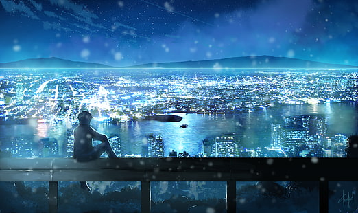 человек смотрит на здания аниме цифровые обои, небо, звёзды, облака, пейзаж, ночь, город, огни, аниме, арт, парень, dias mardianto, donsaid, HD обои HD wallpaper