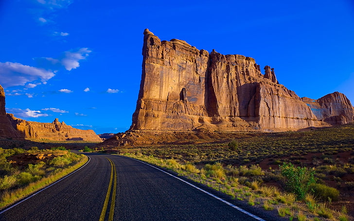 brown mountain, road, canyon, marking, HD wallpaper