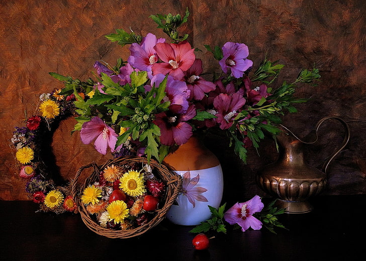 vase, pitcher, wreath, Ranetki, mallow, Helichrysum, apples, HD wallpaper