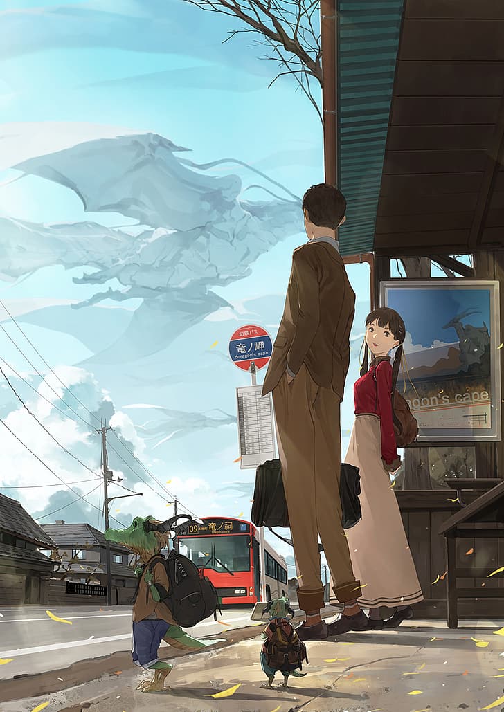 dragon, bus stop, HD wallpaper