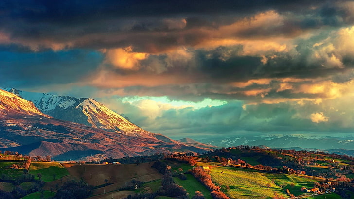 Berggipfel, Natur, Landschaft, Berge, Wolken, Italien, Alpen, Hügel, Bäume, Herbst, Sonnenuntergang, schneebedeckte Spitze, Feld, HD-Hintergrundbild