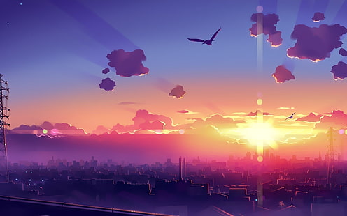 anima paesaggio, tramonto, paesaggio urbano, nuvole, uccello, anime, Sfondo HD HD wallpaper