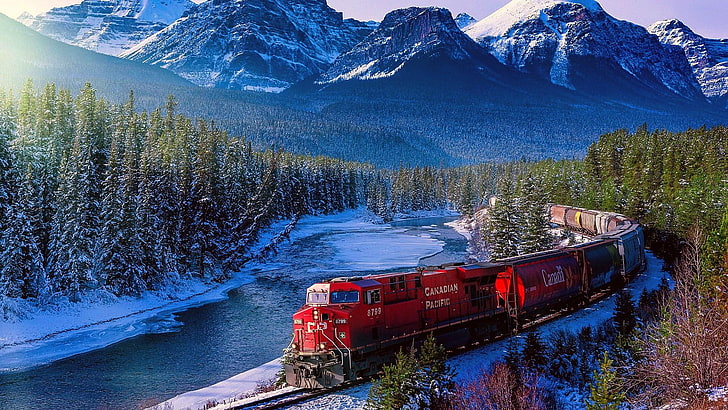 sungai, salju, pemandangan, kereta pasifik Kanada, indah, menakjubkan, hutan pinus, gunung, kereta api, hutan, musim dingin, Wallpaper HD