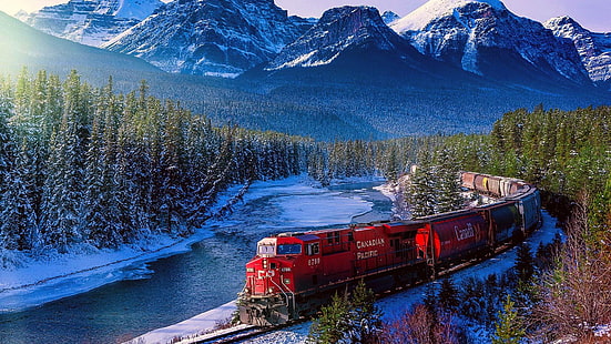 река, сняг, пейзаж, канадски тихоокеански влак, красив, зашеметяващ, борова гора, планини, влак, гора, зима, HD тапет HD wallpaper