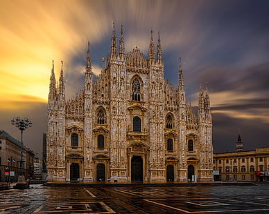 niebo, słońce, świt, dom, obszar, Włochy, katedra, świątynia, katedra w Mediolanie, Tapety HD HD wallpaper