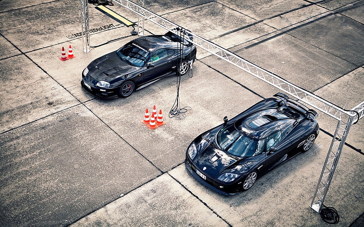 два черных купе, Koenigsegg, автомобиль, Supra, Toyota Supra, Hypercar, Need for Speed, Need for Speed: Most Wanted (видеоигра 2012), HD обои