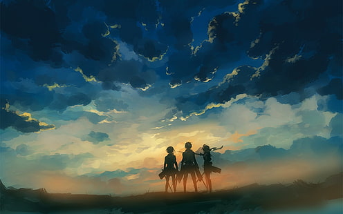 ภาพประกอบตัวละครอนิเมะสามตัว, วอลล์เปเปอร์แสดงผล Attack on Titan, Shingeki no Kyojin, อะนิเมะ, วอลล์เปเปอร์ HD HD wallpaper
