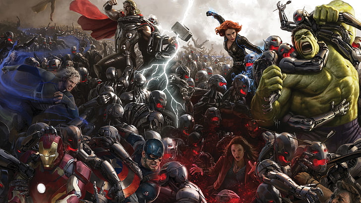 Marvel Avengers Super Heroes, робот, роботы, Серебро, стрела, битва, щит, Халк, Железный Человек, Капитан Америка, Тор, Черная Вдова, Мстители, мстители, Альтрон, Соколиный Глаз, возраст Альтрона, молот Тора, Ястребиный Глаз, возрастАльтрона, HD обои