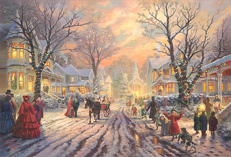 group of people on road painting, holiday, picture, lights, Christmas, Santa, tree, painting, 2011, new, Thomas Kinkade, Christmas tree, Christmas lights, sledge, high resolution, A Victorian Christmas Carol, November 2011, celebrations, November, HD wallpaper HD wallpaper