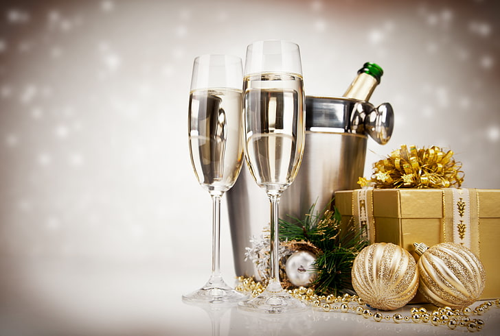 clear champagne glasses, balls, holiday, gift, toys, New Year, glasses, Christmas, champagne, gold, HD wallpaper
