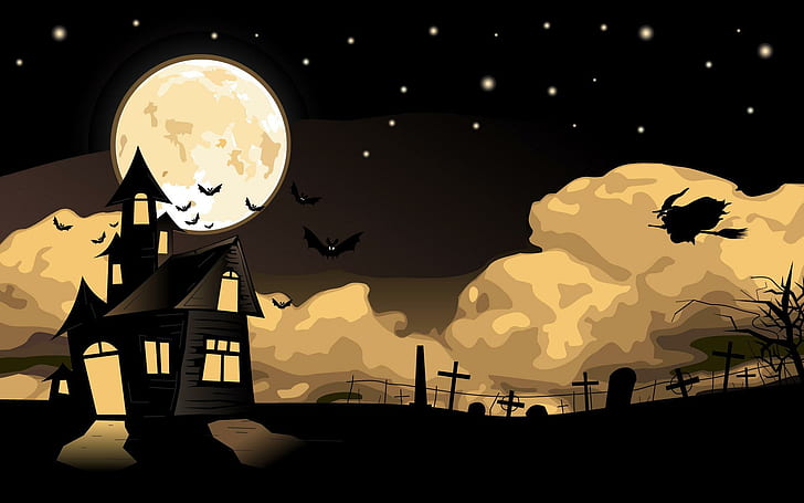 house, witch, flying, halloween, sky, moon, castle, house, witch, flying, halloween, moon, castle, HD wallpaper