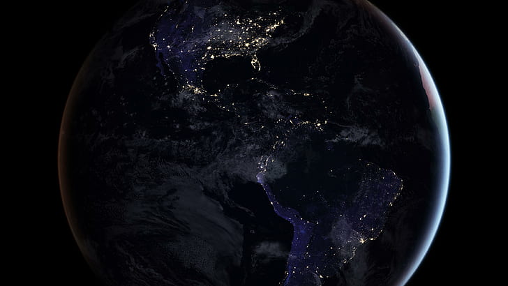 mapa, Karaiby, Ameryka Południowa, Ameryka Północna, Ameryka, ocean, Stany Zjednoczone, Fotografia kosmiczna, osada ludzka, nasa, kula ziemska, planeta, świat, ziemia, światła miasta, lampki nocne, niebieski marmur, czarny marmur, Tapety HD