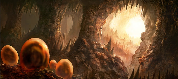 cave digital wallpaper, rocks, eggs, dragons, art, cave, HD wallpaper