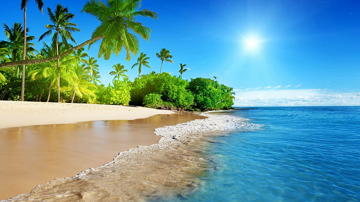 Playa hawaiana Árboles Palm Coast Olas oceánicas Playa de arena Sol tropical Cielo azul 4k Fondo de pantalla Ultra Hd 38400 × 2160, Fondo de pantalla HD