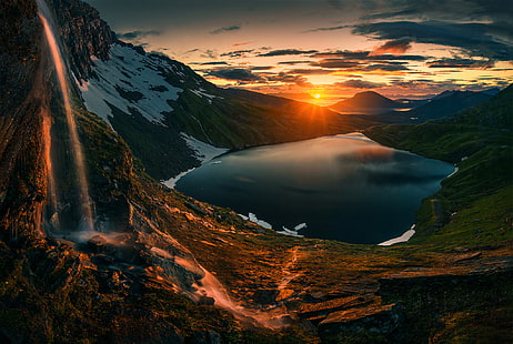 Залез, Изгрев, Планини, Норвегия, Север, Езеро, HD тапет HD wallpaper