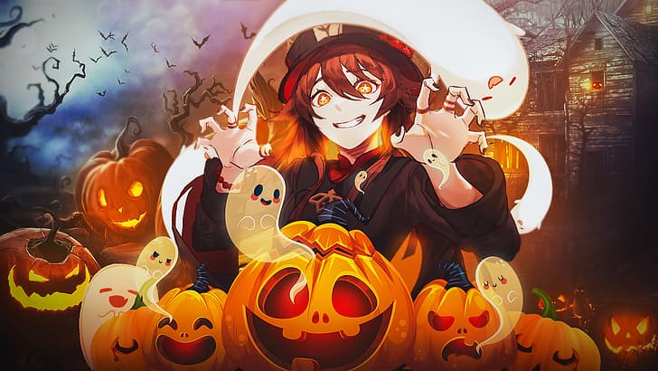 Halloween, Hu Tao (Genshin Impact), spooky, Genshin Impact, HD wallpaper