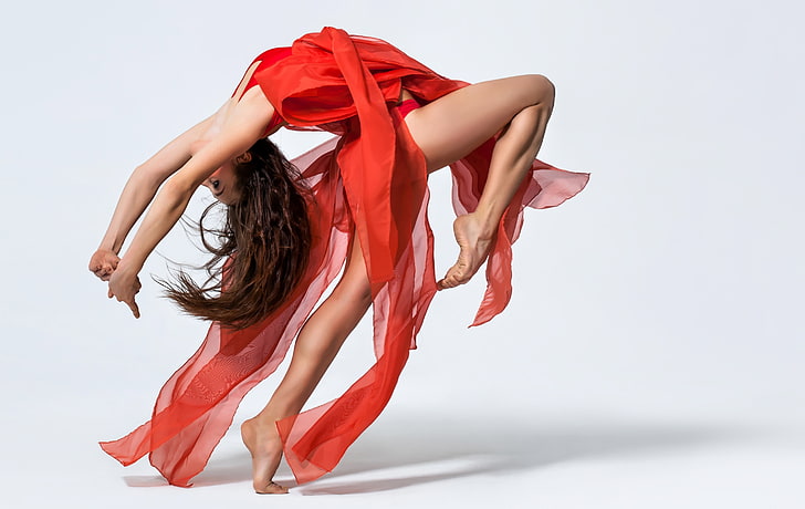 женское красное платье без рукавов, красная одежда, танцовщица, ножки, вид сбоку, белый фон, HD обои