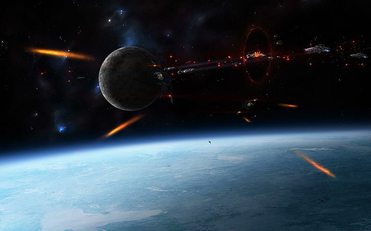 Space Battle, planet, explosions, stars, ships, firing, moon, 3d and abstract, HD wallpaper