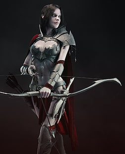 female archer character, archer, fantasy art, women, brunette, bow, arrows, armor, cape, weapon, dark elf, elves, HD wallpaper HD wallpaper