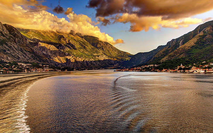 Montenegro, city, coast, mountains, clouds, dusk, sea and brown mountain, Montenegro, City, Coast, Mountains, Clouds, Dusk, HD wallpaper