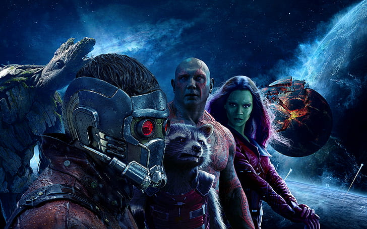 Guardians of the Galaxy เล่ม 2, พื้นหลังปีเตอร์ขนนก, กาโมร่า, จรวด, กรูท, แดร็กซ์, วอลล์เปเปอร์ HD