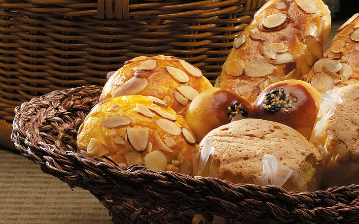 assorted breads, basket, table, bread, biscuits, nuts, baking, HD wallpaper