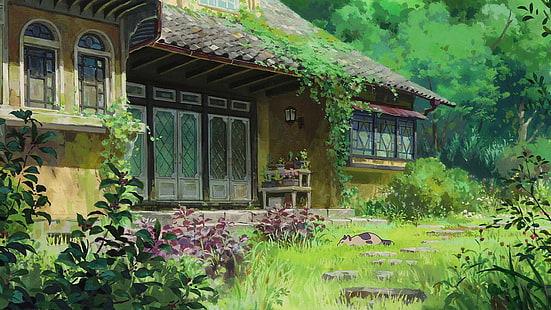 braunes und gelbes Haus neben hohen Bäumen und Pflanzenmalerei, Haus, Katze, weiße Blumen, Karigurashi no Arrietty, HD-Hintergrundbild HD wallpaper