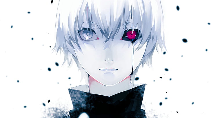 anime, heterochromia, Tokyo Ghoul, crying, Kaneki Ken, simple background, white hair, anime boys, HD wallpaper