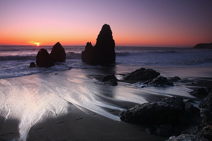 body of water and rock formation during daytime, Rodeo Beach, Marin Headlands, body of water, rock formation, daytime, Sunset, pacific ocean, ocean  pacific, pacific  ocean, rocks, waves, beach, weekend, vacation, usa, travel, pink, photography, photo, favorite, eos, creativecommons, creative  commons, colorful, best, beautiful, canon  40d, 40mm, clear  day, sea, nature, rock - Object, coastline, landscape, scenics, wave, outdoors, sand, water, beauty In Nature, sky, sunrise - Dawn, dusk, HD wallpaper