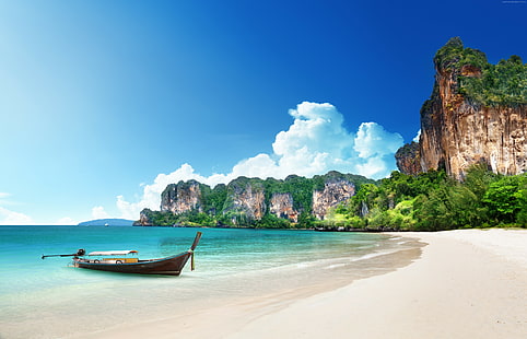 4k, 5k, boat, Thailand, tourism, shore, rocks, 8k, travel, beach, HD wallpaper HD wallpaper