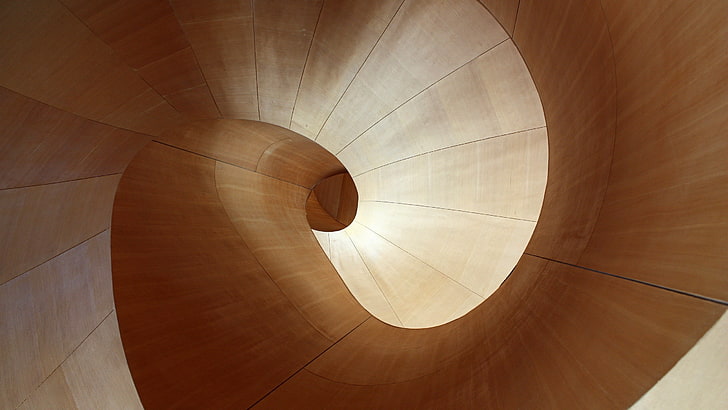 okrągły brązowy drewniany stolik kawowy, abstrakcja, architektura, drewno, drewniana powierzchnia, spirala, faliste linie, minimalizm, linie, prosty, beżowy, brązowy, Tapety HD