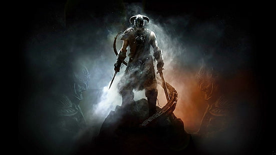 Skyrim, анимиран герой с рог и мечове, skyrim, игри, HD тапет HD wallpaper