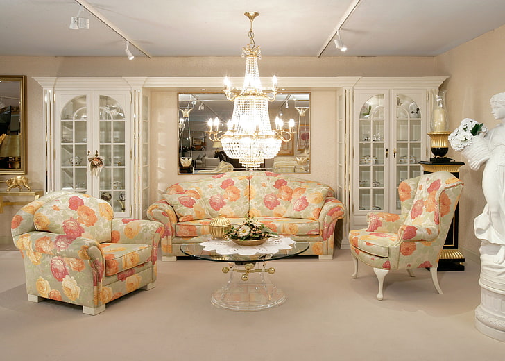 conjunto de sofá de 3 peças em tecido floral cinza e rosa, design, mesa, sofá, móveis, interior, espelho, cadeiras, sala de estar, HD papel de parede