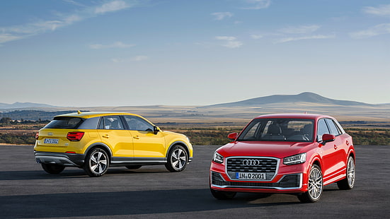 Dos autos rojos y amarillos en la carretera de asfalto gris, Audi Q2, Ginebra Auto Show 2016, crossover, rojo, Fondo de pantalla HD HD wallpaper